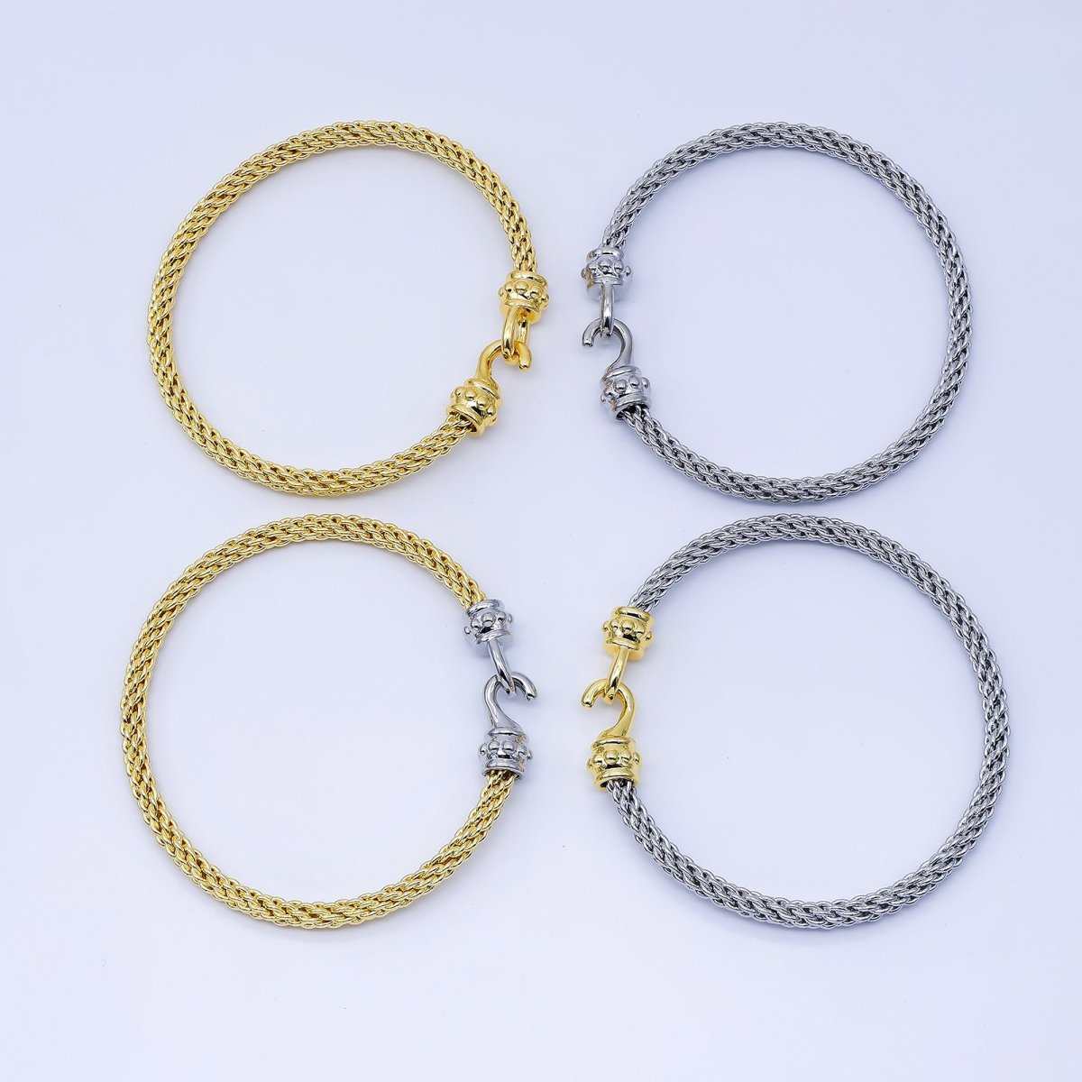 4mm twisted rope bangle bracelets in mixed gold and silver tones featuring hook clasps, 24K Gold Filled material