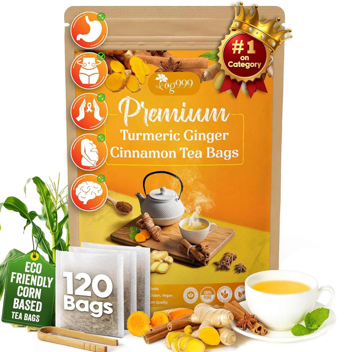 Turmeric Ginger Cinnamon Tea premium eco-friendly corn-based tea bags with turmeric, ginger, and cinnamon imagery.