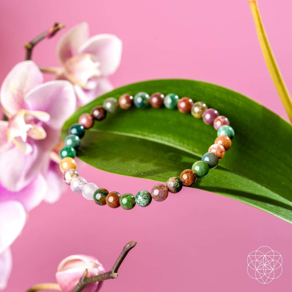 Energy Bracelet with glossy multicoloured natural stone beads, including green, brown, pink, and cream tones.
