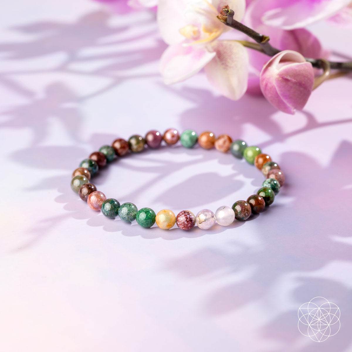 Energy Bracelet with multicoloured natural stone beads, featuring varied green, brown, pink and cream mottled patterns.