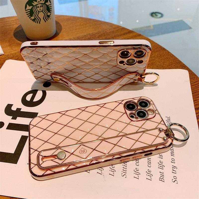 Luxury blue pink gold 3D quilted iPhone case with wrist strap