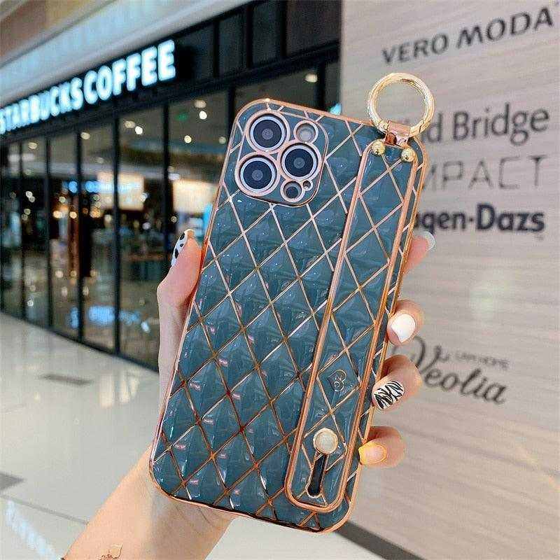Luxury blue pink gold iPhone case with 3D quilted pattern and wrist strap