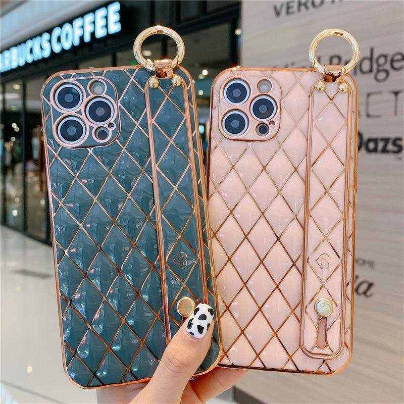 Luxury blue pink gold iPhone case with 3D quilted pattern and wrist strap