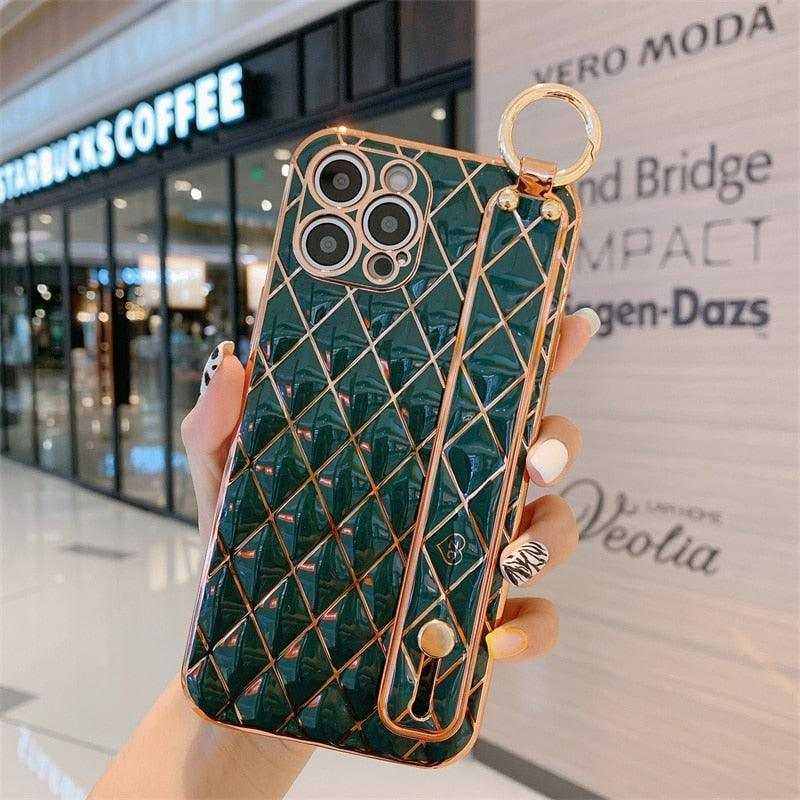 Luxury blue pink gold plating iPhone case with wrist strap