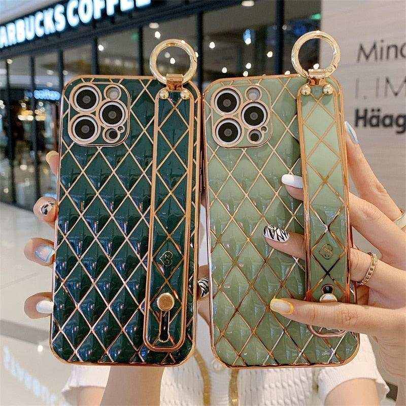 Luxury blue pink gold electro-plated iPhone case with 3D quilted design