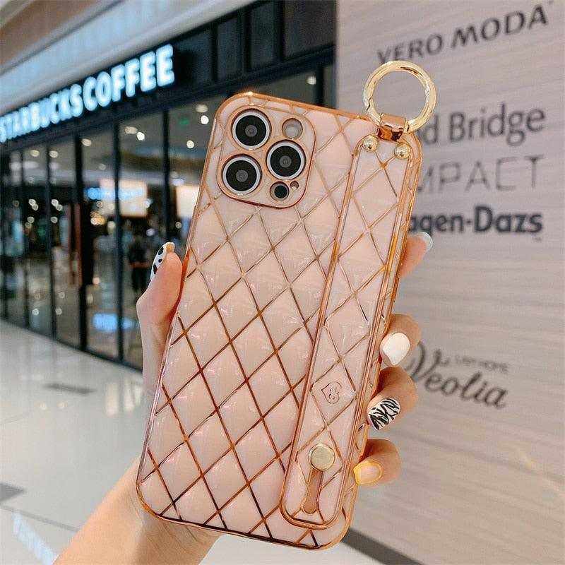 Luxury blue pink gold electro-plated 3D quilted iPhone case with wrist strap