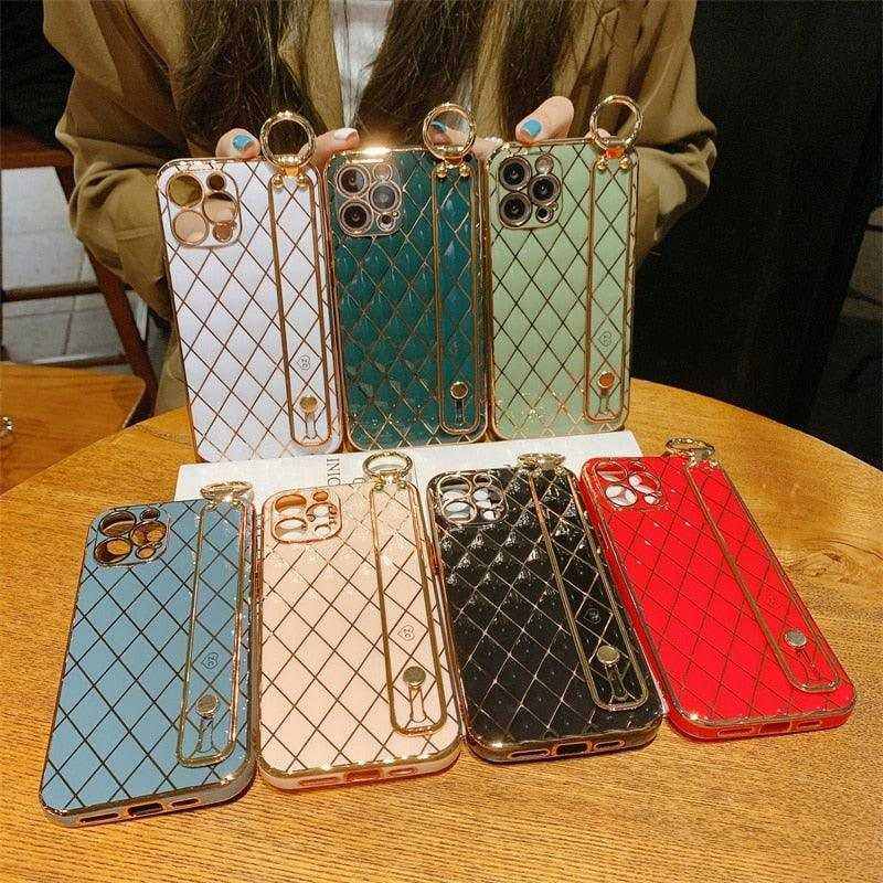 Luxury blue pink gold electro-plated iPhone case with 3D quilted pattern