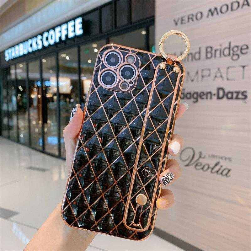Luxury blue pink gold electro-plated iPhone case with 3D quilted pattern