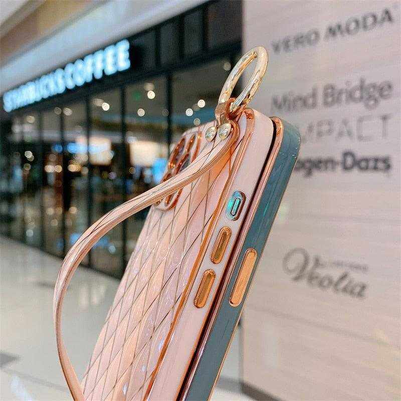 Luxury blue pink gold electro-plated iPhone case with quilted pattern and wrist strap
