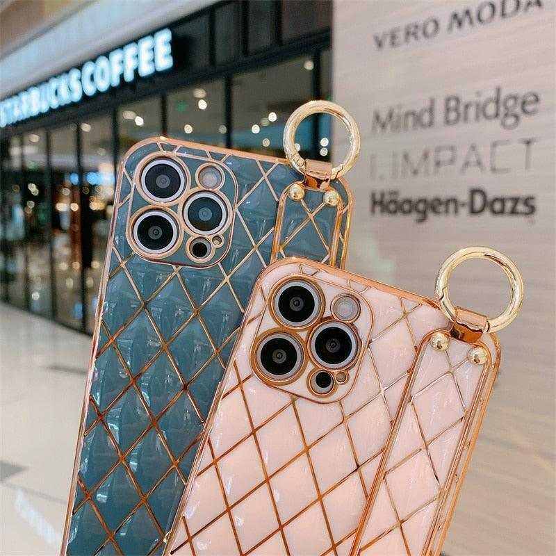 Luxury blue pink gold electro-plated iPhone case with 3D quilted pattern