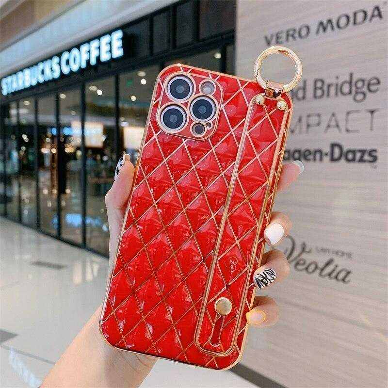 luxury blue pink gold electro-plated iPhone case with 3d quilted pattern and wrist strap