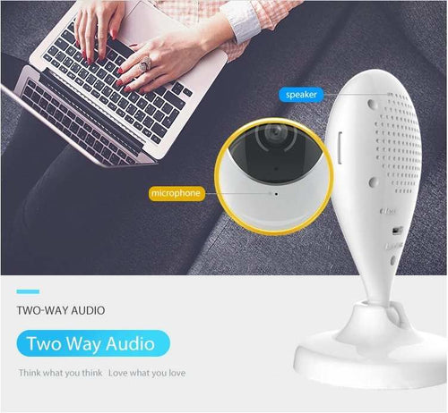 1080P HD wireless mini security WiFi camera in white plastic with speaker, microphone, and two-way audio feature