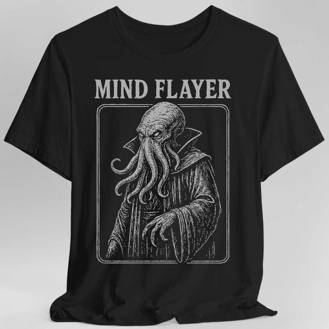 Black cotton t-shirt featuring a Vintage Mind Flayer design in pale gray with intricate linework and a framed illustration.